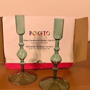 Poketo Green Glass Candlestick Holder Set